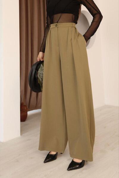 polle Kadın Haki Pileli Yüksek Bel Palazzo Pantolon