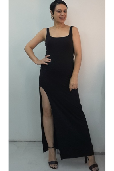 Mertcan Butik Black Beli Brand Pencil Skirt Made of Combed Viscose with Elastic Waistband and Front Slit with Window Detail