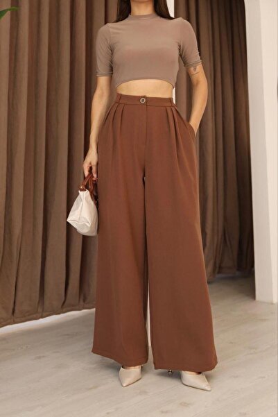 polle Kadın Kahverengi Pileli Yüksek Bel Palazzo Pantolon