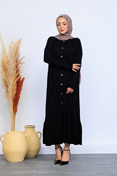 Eliva Women's Black Long Patterned Front Button Closure Winter Knitwear Knitted Hijab Dress
