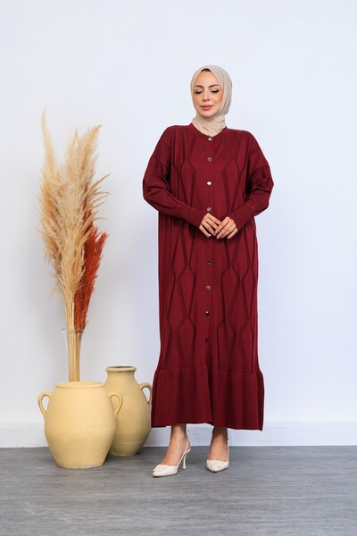 Eliva Women's Burgundy Long Patterned Front Button Closure Winter Knitwear Knitted Hijab Dress