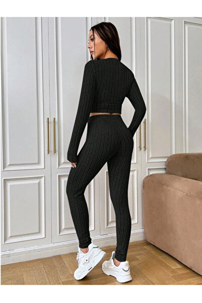 SWEETKORSE Lena Women's V-Neck Ribbed Cropped Camisole Blouse Lycra Long Sleeve Top High Waist Leggings Set