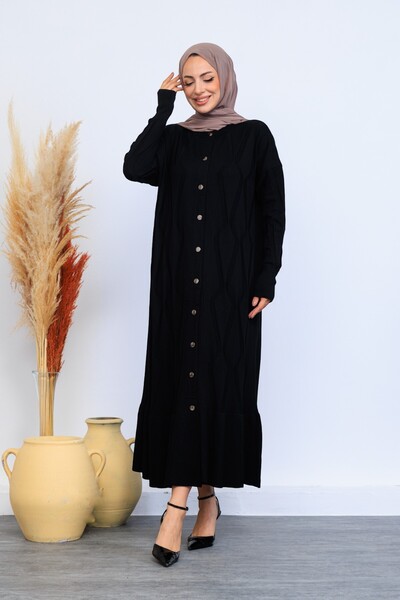 Eliva Women's Black Long Patterned Front Button Closure Winter Knitwear Knitted Hijab Dress
