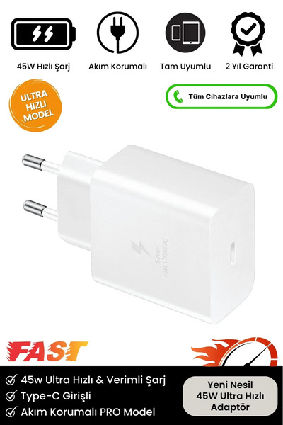 Carlburn Premium 45W Ultra Hızlı Şarj Seti Adaptör + Type C Kablosu Tüm Telef...