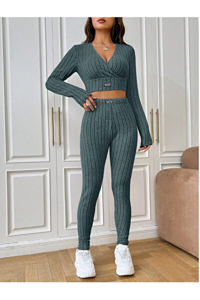 SWEETKORSE Lena Women's V-Neck Ribbed Cropped Camisole Blouse Lycra Long Sleeve Top High Waist Leggings Set