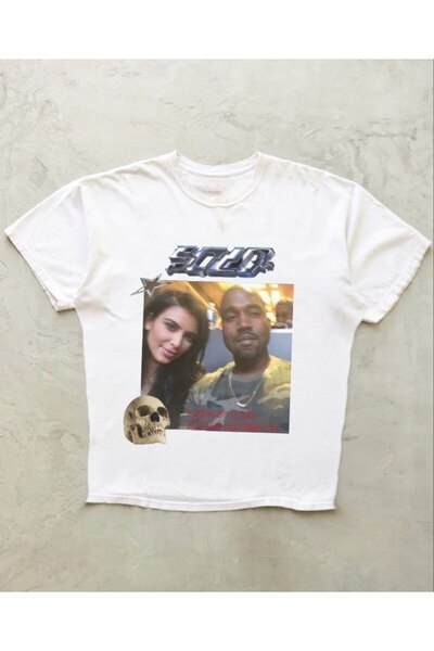 MAYDAY CULTURE تي شيرت كيم كارداشيان كاني ويست أبيض اللون مصنوع من الليكرا ال...