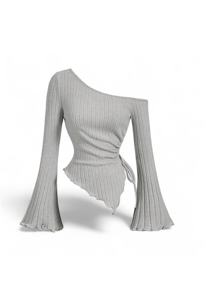 albaroda Bluză gri groasă material reiat pentru femei, cu guler asimetric, cu șnur lateral