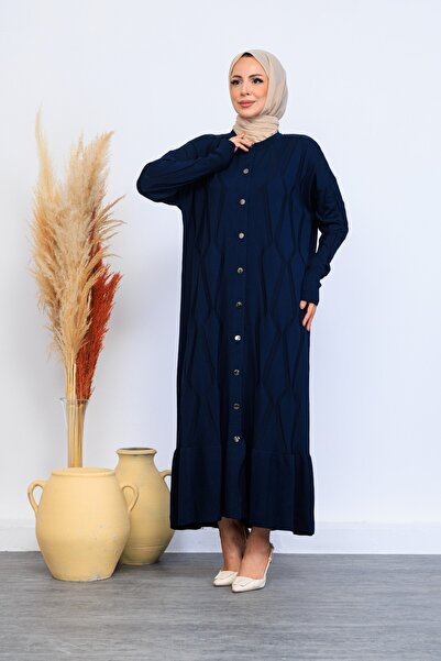 Eliva Women's Navy Blue Long Patterned Front Button Closure Winter Knitwear Knitted Hijab Dress