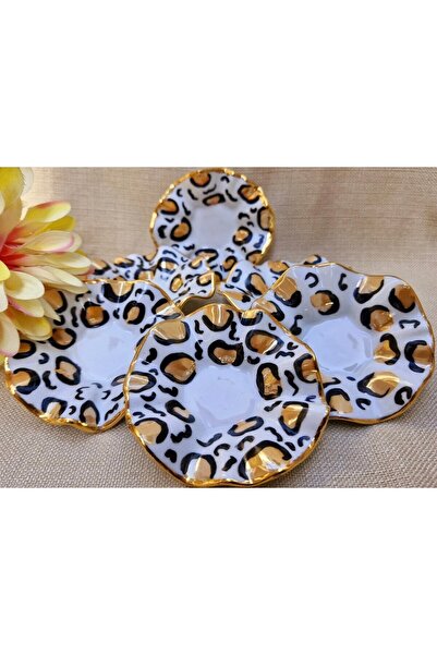 Handmade Esterhomedecor Set of 6 Porcelain Hand-Painted Coffee Side Trays with Leopard Pattern Turkish Delight Tray