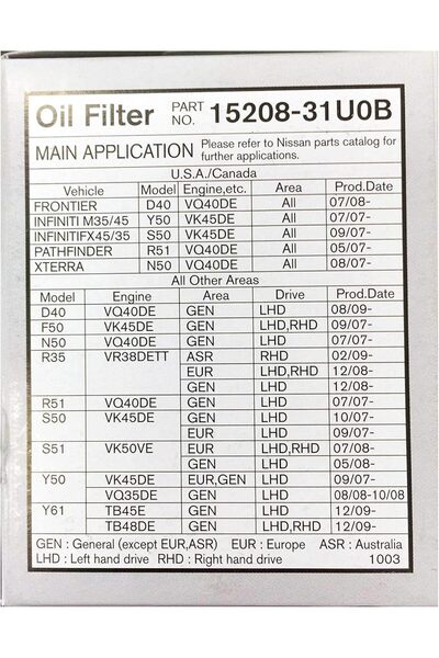 Nissan Oil Filter 15208-31U0B