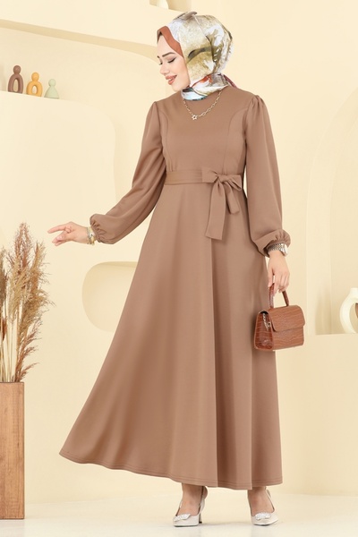 ModaMerve Beli Belted Dress 25029Ukb139-Ms Latte