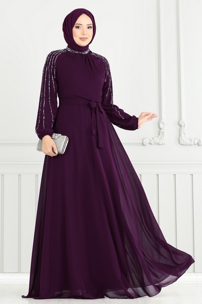 ModaMerve Kolları Taş Detaylı Abiye 2420ANT466-MS Mor