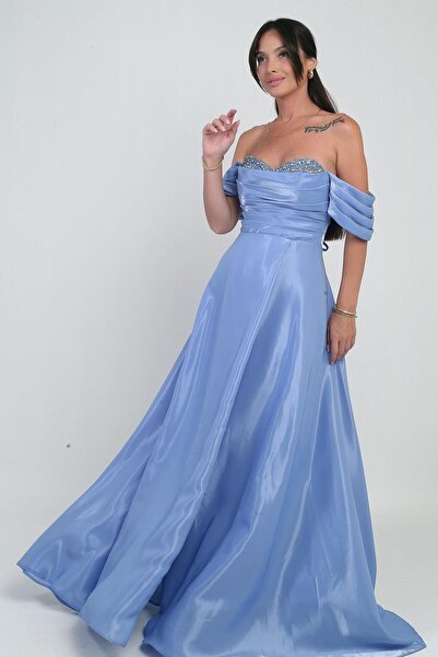 By Saygı Women's Shiny Stone Detailed Strapless Low Sleeves Organza Long Dress