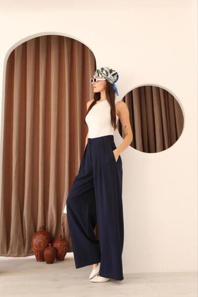 polle Kadın Lacivert Pileli Yüksek Bel Palazzo Pantolon