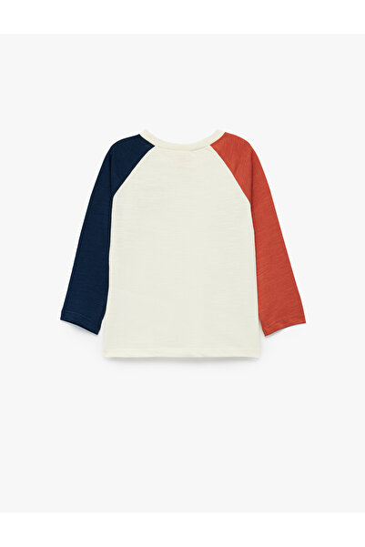 Koton Tricou cu mânecă lungă pentru băieți, din bumbac, brodat, ecru, color block 6Wmb10102Tk