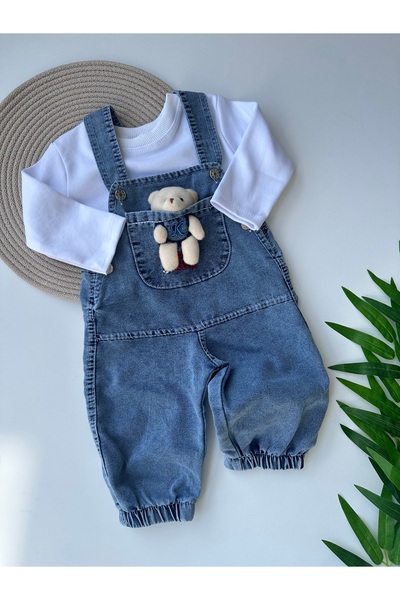 minço bebe Denim Salopet Long Sleeve White T-Shirt Double Set with Toy Detail