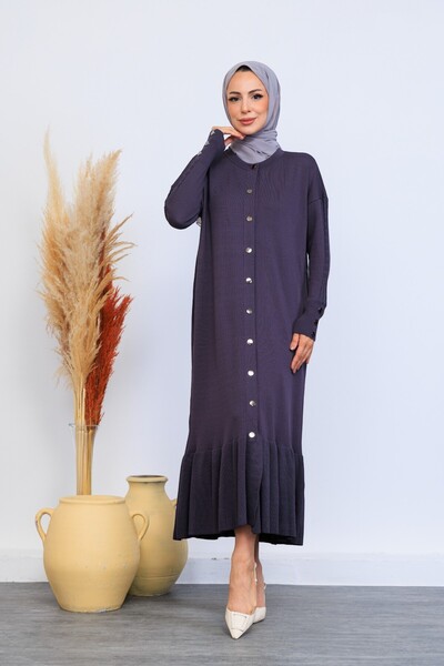 Eliva Women's Anthracite Gray Buttoned Winter Knitwear Dress Hijab Cardigan