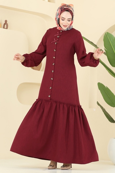 ModaMerve Kurdela Detaylı Sofia Elbise 4115PM271-MS Bordo