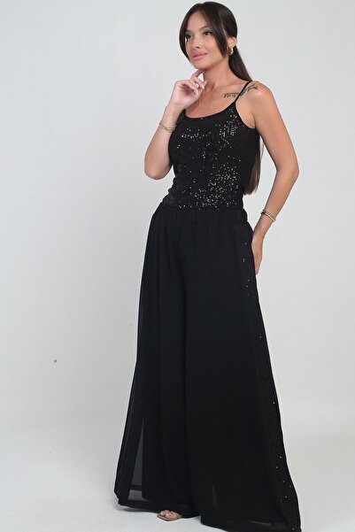 By Saygı Women's Elastic Waist Palazzo Chiffon Pants with Sequin Strips on the Side and Lining