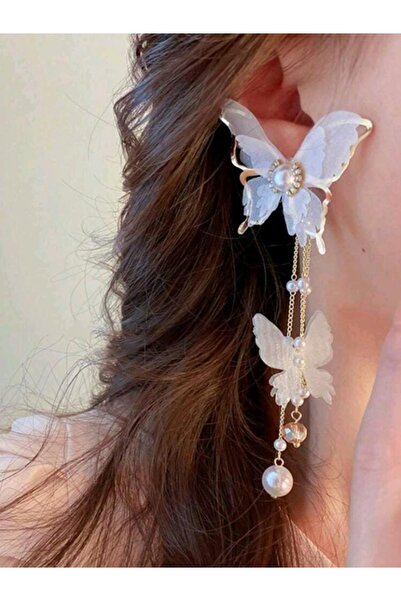 Shisa Jewel Uzun püsküllü beyaz kelebek küpeler,Kadınlar için. (A52)