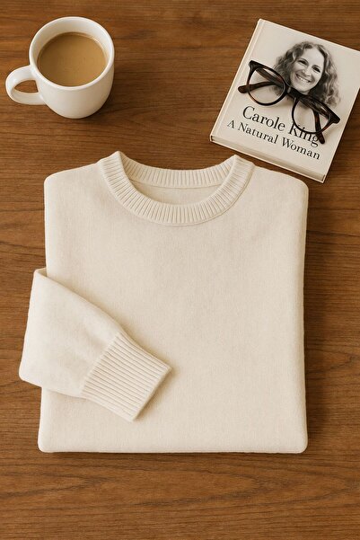 YUGA KNİTTİNG Oversize Fit Soft Textured Circular Neck Basic Knitwear Women's Sweater