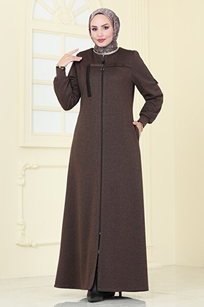 ModaMerve Front Zipper Overcoat Ferace 2190Edm718-Ms Brown