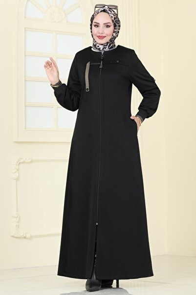 ModaMerve Front Zipper Overcoat Ferace 2190Edm718-Ms Black