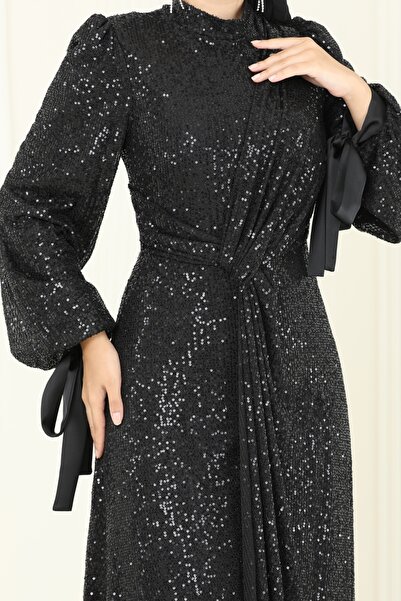 ModaMerve Manşeti Bağcıklı Simli Abiye 5701EDF311-MS Siyah