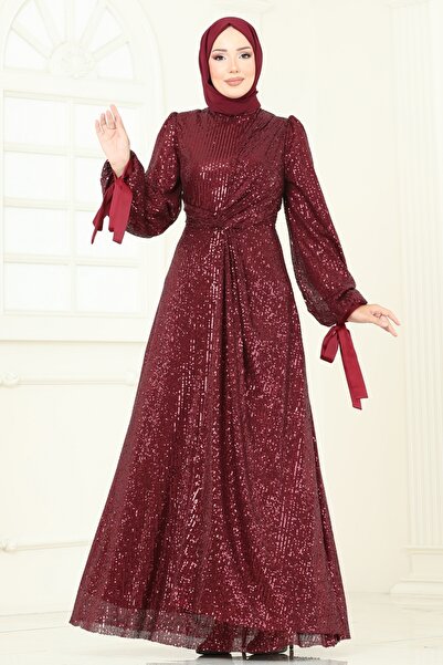 ModaMerve Manşeti Bağcıklı Simli Abiye 5701EDF311-MS Bordo