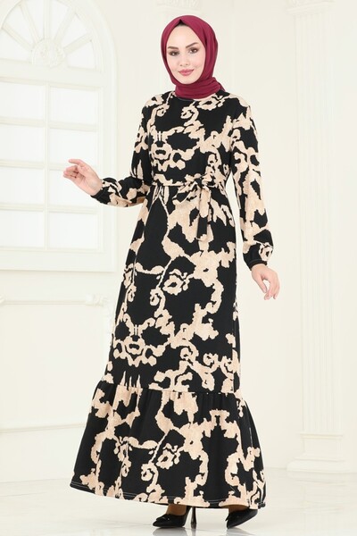 ModaMerve Patterned Dress with Elastic Cuffs 157Bo429-Ms Black
