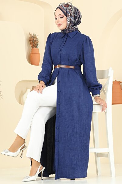 ModaMerve Beli Belt Detailed Sofia Dress 3159Hbs856-Ms Navy