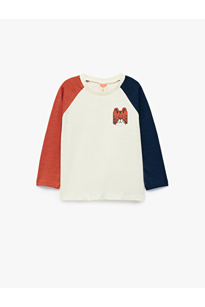 Koton Tricou cu mânecă lungă pentru băieți, din bumbac, brodat, ecru, color block 6Wmb10102Tk