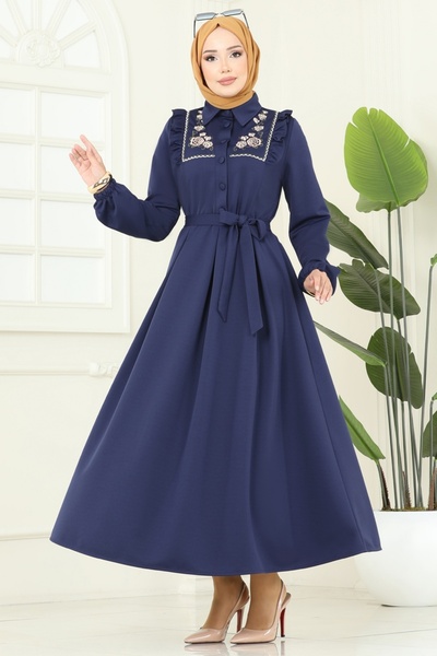 ModaMerve Floral Embroidered Dabıl Dress 2725Sl432-Ms Navy