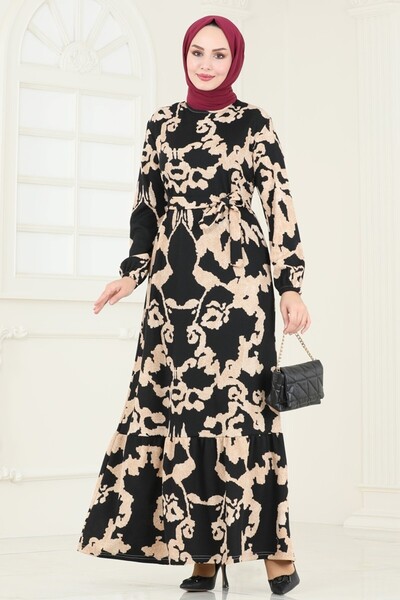 ModaMerve Patterned Dress with Elastic Cuffs 157Bo429-Ms Black