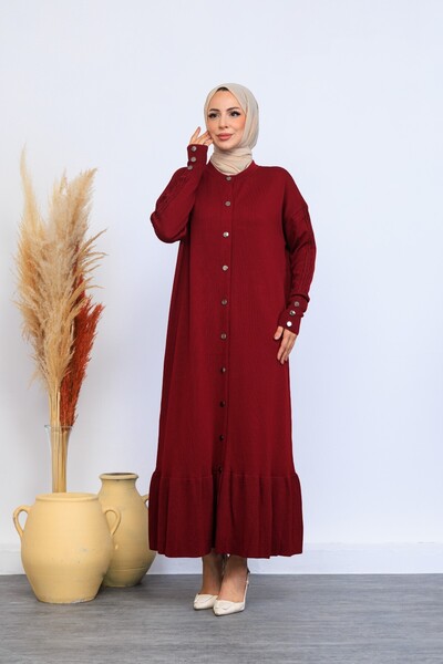 Eliva Women's Burgundy Sleeve Buttoned Winter Knitwear Dress Hijab Cardigan