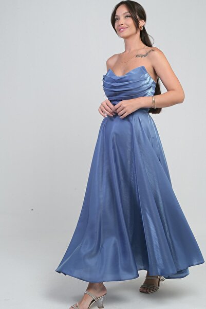 By Saygı Γυναικείο Degaje Στράπλες Γιακά Φόδρα Οργάντζα Σατέν Μίντι Φόρεμα