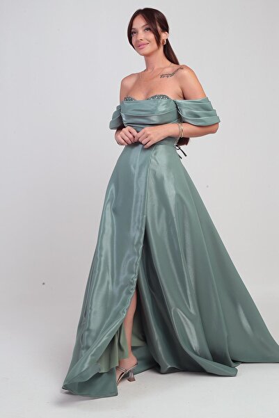 By Saygı Women's Shiny Stone Detailed Strapless Low Sleeves Organza Long Dress