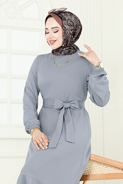 ModaMerve Beli Kemerli Mira Elbise 23028UKB139-MS Gri