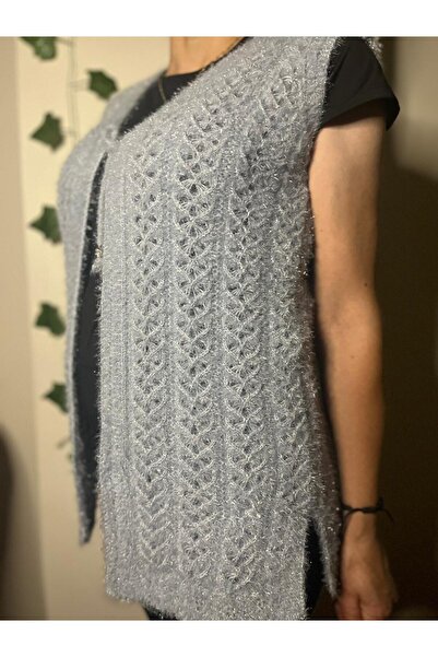 Mako Silver Gray Heart Braided Glittery V-Neck Lace-Up Women's Dowry Dress Regular Fit Dowry Dress