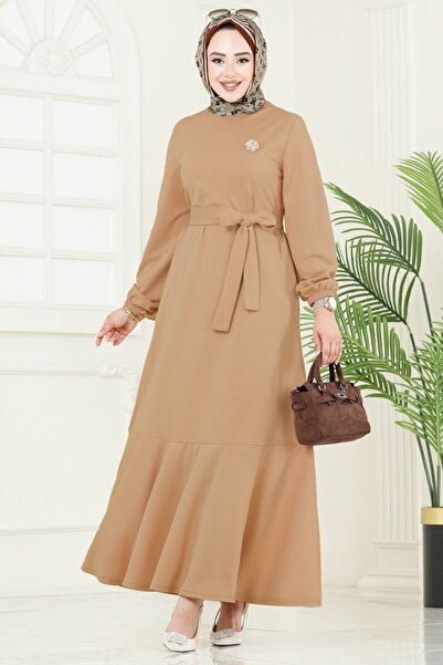 ModaMerve Mira Dress with Belt 23028Ukb139-Ms Latte