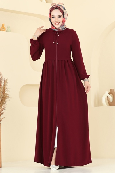 ModaMerve Yakası Bağcıklı Krep Ferace 0050BG354-MS Bordo