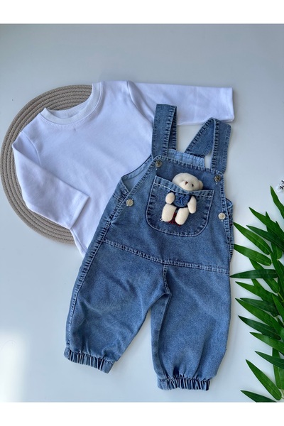 minço bebe Denim Salopet Long Sleeve White T-Shirt Double Set with Toy Detail
