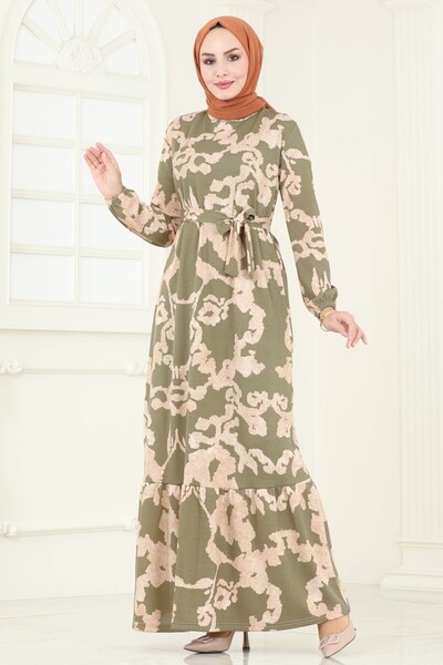 ModaMerve Patterned Dress with Elastic Cuffs 157Bo429-Ms Khaki