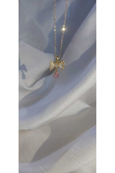 MODA MANANI Gold Color Chain Pink End Dangle Bow Necklace