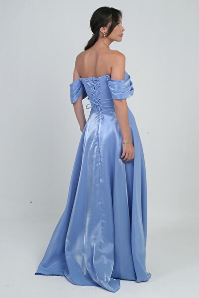 By Saygı Women's Shiny Stone Detailed Strapless Low Sleeves Organza Long Dress