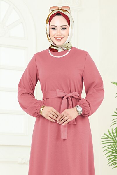 ModaMerve Beli Kemerli Mira Elbise 23028UKB139-MS Gül Kurusu