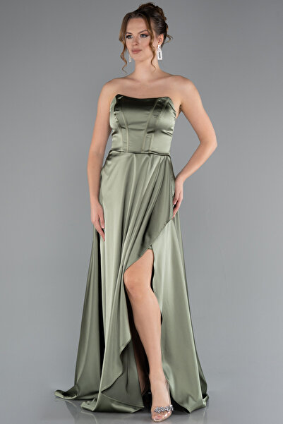 Abiyefon Haki Straplez Bacak Dekolteli Uzun Saten Mezuniyet Elbisesi ABU5023