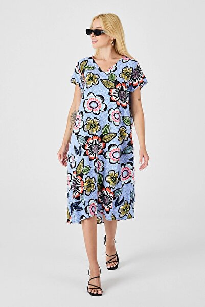 Hazinedan Бебешко синьо дълбоко V-образно деколте с флорален принт, рокля с д...