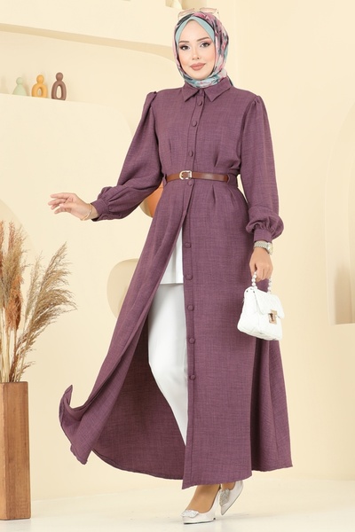ModaMerve Beli Belt Detailed Sofia Dress 3159Hbs856-Ms Dark Lilac