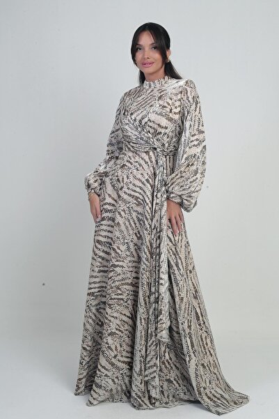 By Saygı Women's Front Gathered Handkerchief Detailed Snake Patterned Crepe Satin Long Dress
